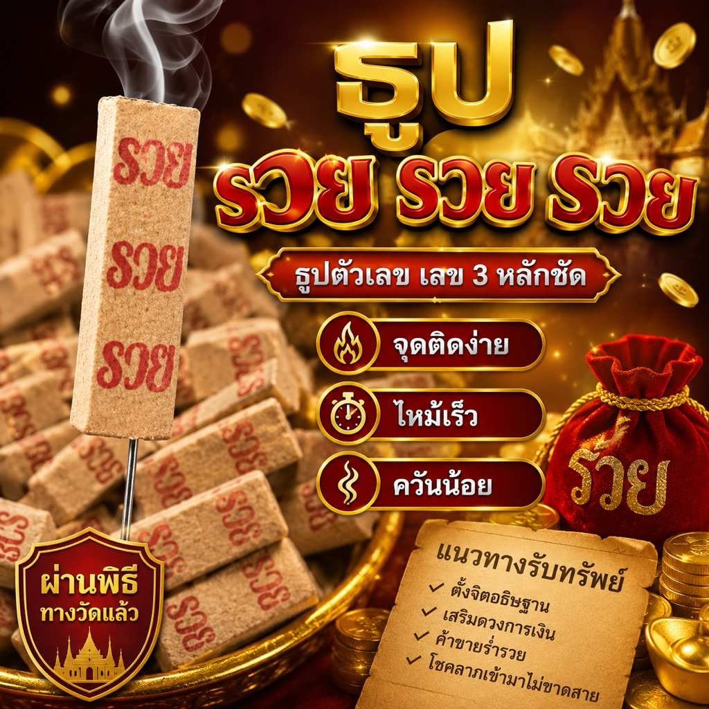 ธูปตัวเลข รวย รวย รวย (100แท่ง)ผ่านพิธีทางวัดแล้ว