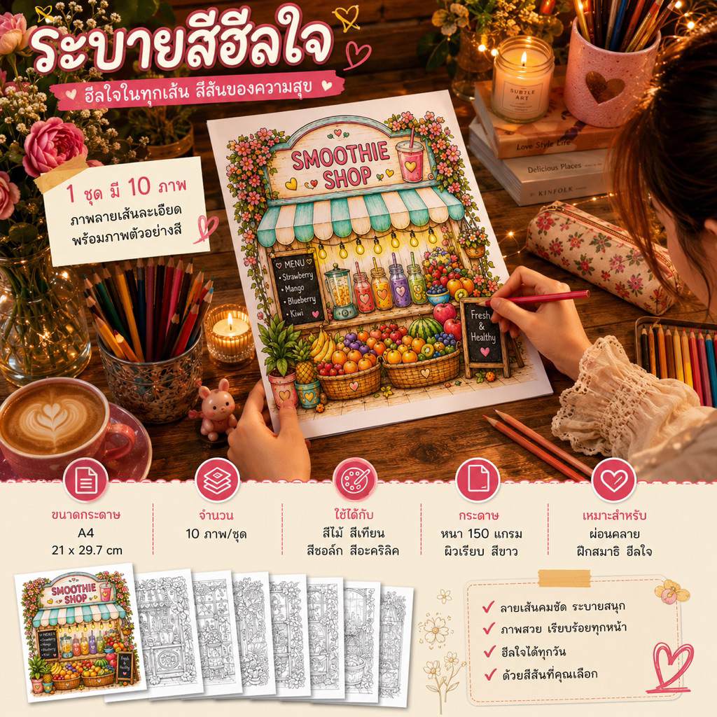 ชุดภาพระบายสีผู้ใหญ่ Food Shop v1| A4 | 10 ภาพ | ระบายสีฮีลใจ