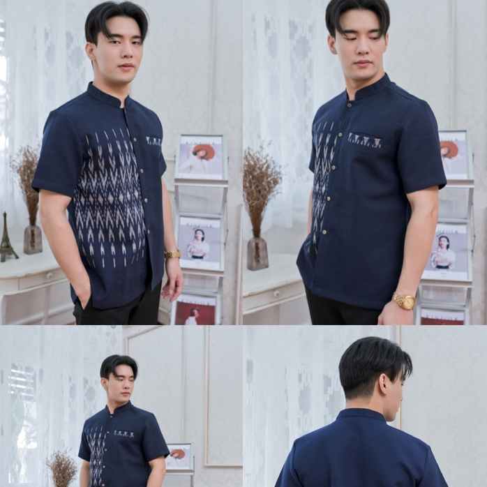เสื้อเชิ้ตคอจีน ผ้าไทย สีคราม ดีไซน์