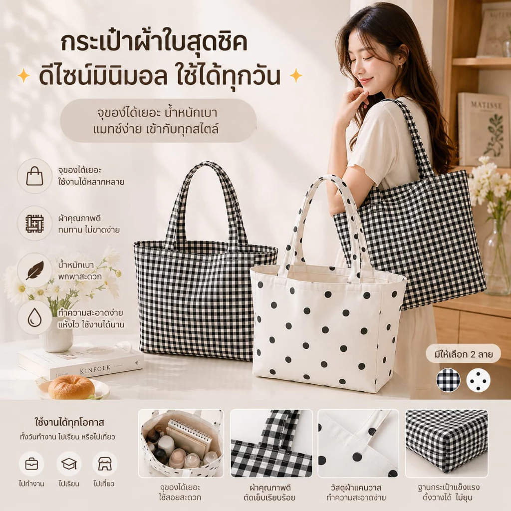 พร้อมส่ง🔥กระเป๋าผ้าแคนวาสลายทางสไตล์เกาหลี กระเป๋าโท้ทสะพายไหล่ ดีไซน์ลุคชิล จุของได้เยอะ เหมาะสำหรับใช้งานทุกวัน