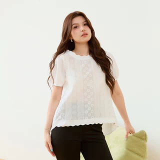 Glucoat | [A615/A822] เสื้อแขนสั้น คอกลมแต่งหยัก แต่งลายเทปฉลุ หน้าสั้นหลังยาว ด้านหลังเป็นสม็อก