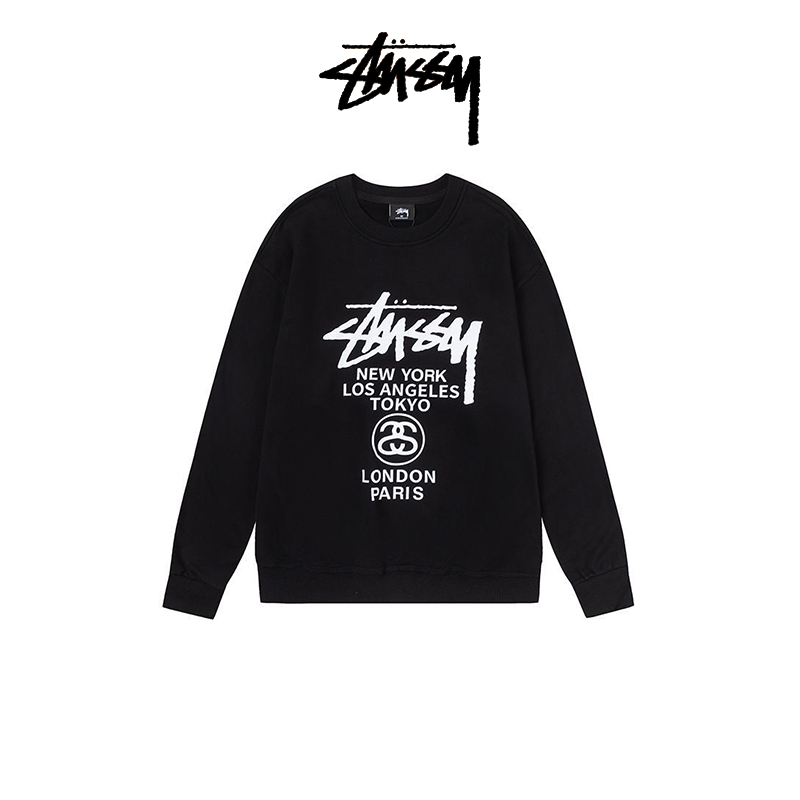 [ของแท้ 100%] Stussy พร้อมส่ง/เสื้อสเวตเตอร์ Stussy WORLD TOUR CREW เสื้อสเวตเตอร์พิมพ์ลายตัวอักษรย้อนยุคคลาสสิก