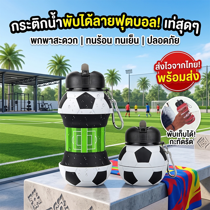 [พร้อมส่ง] ขวดน้ำพับได้ ลายฟุตบอล 2-in-1 ขวดน้ำซิลิโคน Food Grade BPA Free พร้อมตะขอแขวน สำหรับเด็กไปโรงเรียน