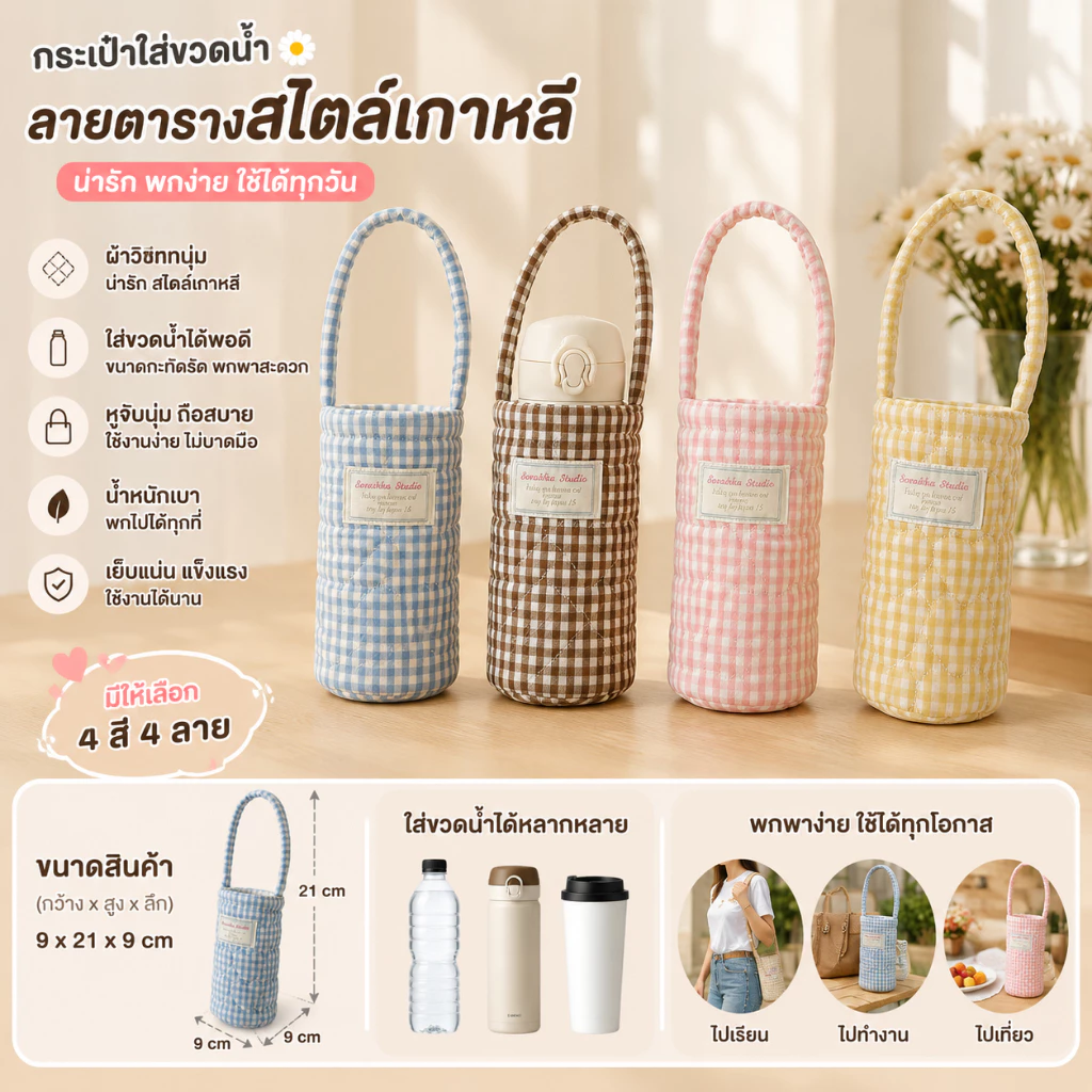 พร้อมส่ง💗กระเป๋าใส่แก้วน้ำกันความร้อน กันลวก เนื้อนุ่ม ป้องกันรอยขีดข่วน บุผ้าลายสก็อต พกพาสะดวก เหมาะสำหรับใช้งานกลางแจ