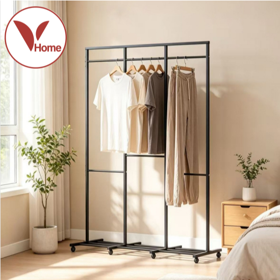 Vhome ราวแขวนผ้า 2 / 3 แถว มีล้อเลื่อนเคลื่อนย้ายสะดวก กันน้ำไม่เป็นสนิม อเนกประสงค์ เหมาะห้องนอน ห้