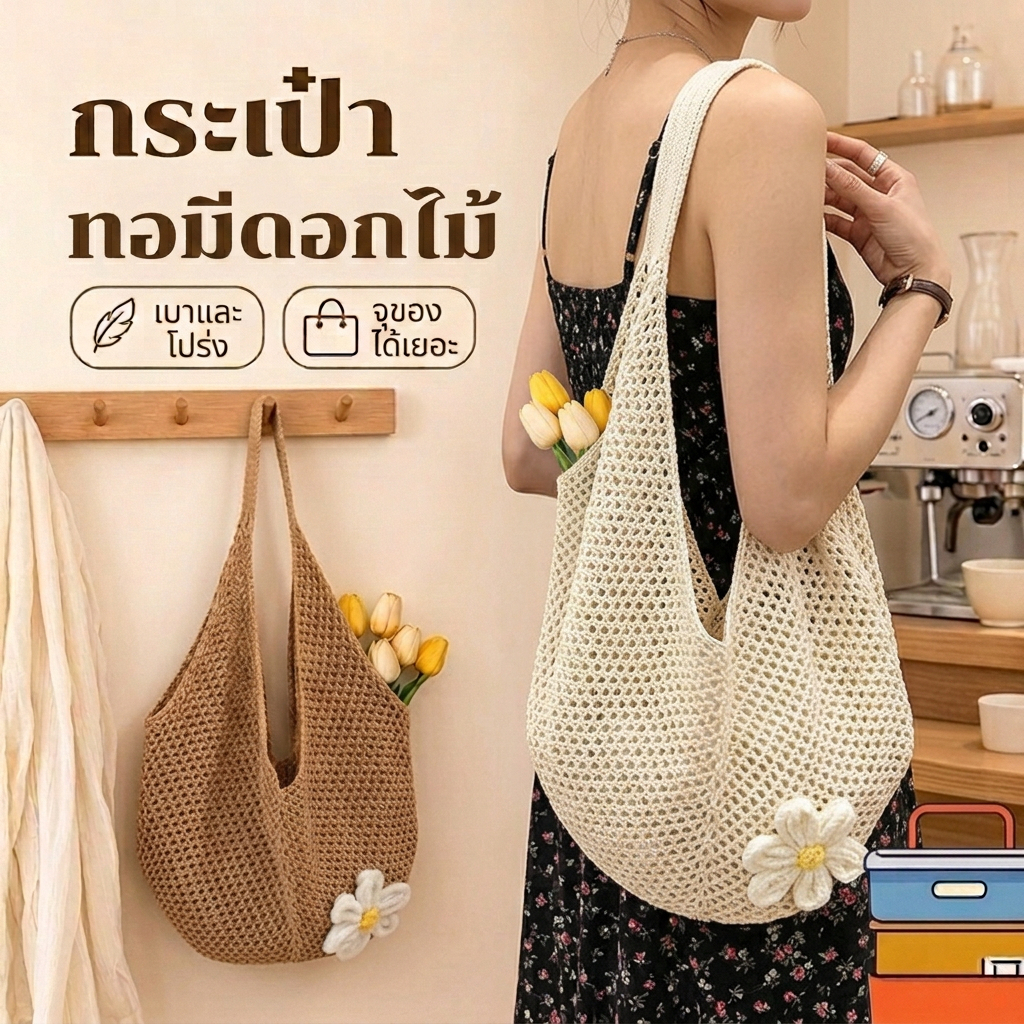 สุดฮิต กระเป๋าสานไหมพรมน่ารักดอกไม้ น้ำหนักเบา เหมาะสำหรับวันหยุดและชายหาด COD