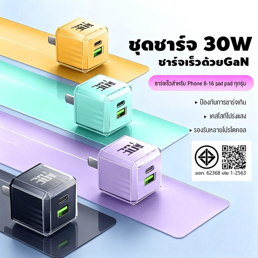ที่ชาร์จเร็ว GaN 30W PD 1USB + 1usb-c เครื่องชาร์จเร็ว ชาร์จพร้อมกัน 2 พอร์ต ขนาดเล็ก พกพาสะดวก