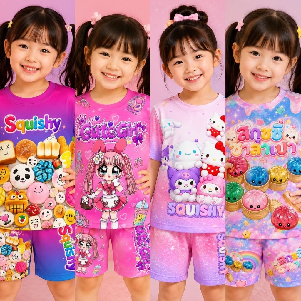 new collection ชุดเด็กลายสกุชชี่สีพาสเทลเสื้อแขนสั้น + กางเกงขาสั้นผ้าไมโครพรีเมี่ยมมีไซส์สำหรับน้องๆ 2-12 ปี