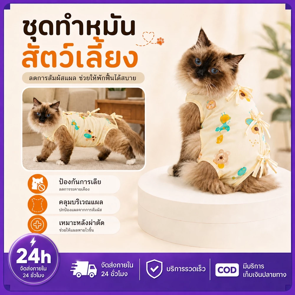 PETWELL ชุดทำหมันแมว ชุดกันเลียแผล เสื้อแมว ชุดหลังผ่าตัดแมว เสื้อหลังทำหมัน ช่วยให้แผลหายไว