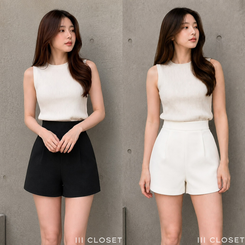 กางเกงขาสั้น lll S,M,L-XL lll PW001 เอวสูง มีขอบ ตีเกร็ดหน้า เนื้อผ้าวูลเวฟ ผ้านิ่ม ใส่สบาย