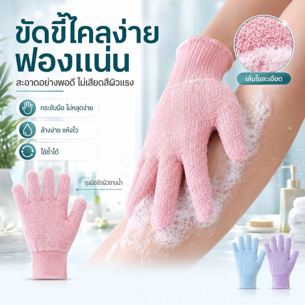 ซื้อ 1 แถม 1 ถุงมืออาบน้ำ ถุงมือขัดผิว ขจัดเซลล์ผิวเก่า กระตุ้นการไหลเวียนโลหิต 5 สีให้เลือก วัสดุคุณภาพสูง