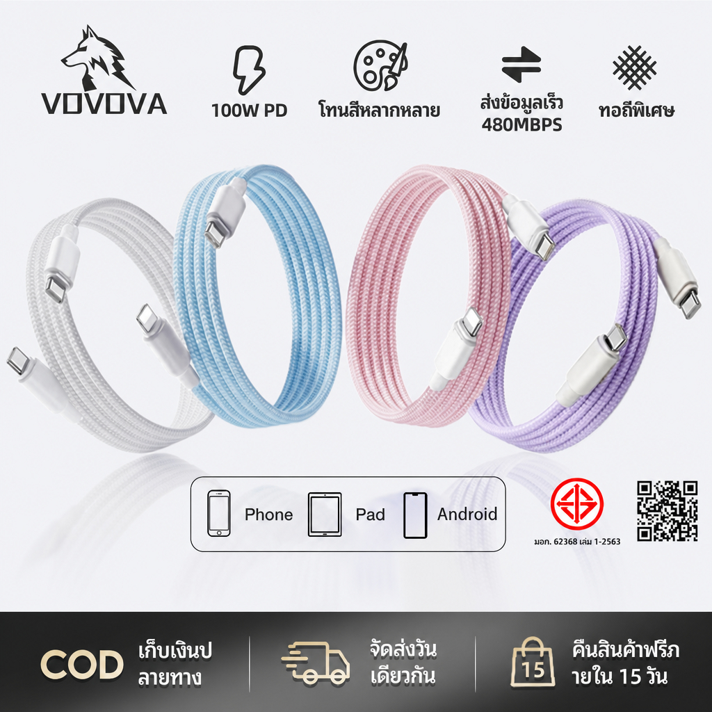 สายชาร์จเร็ว 100W Type C / IP (iPhone 14 ลงมา) ชาร์จไวกว่าเดิม สายถักทนทาน ยาว 1m/1.5m/2m