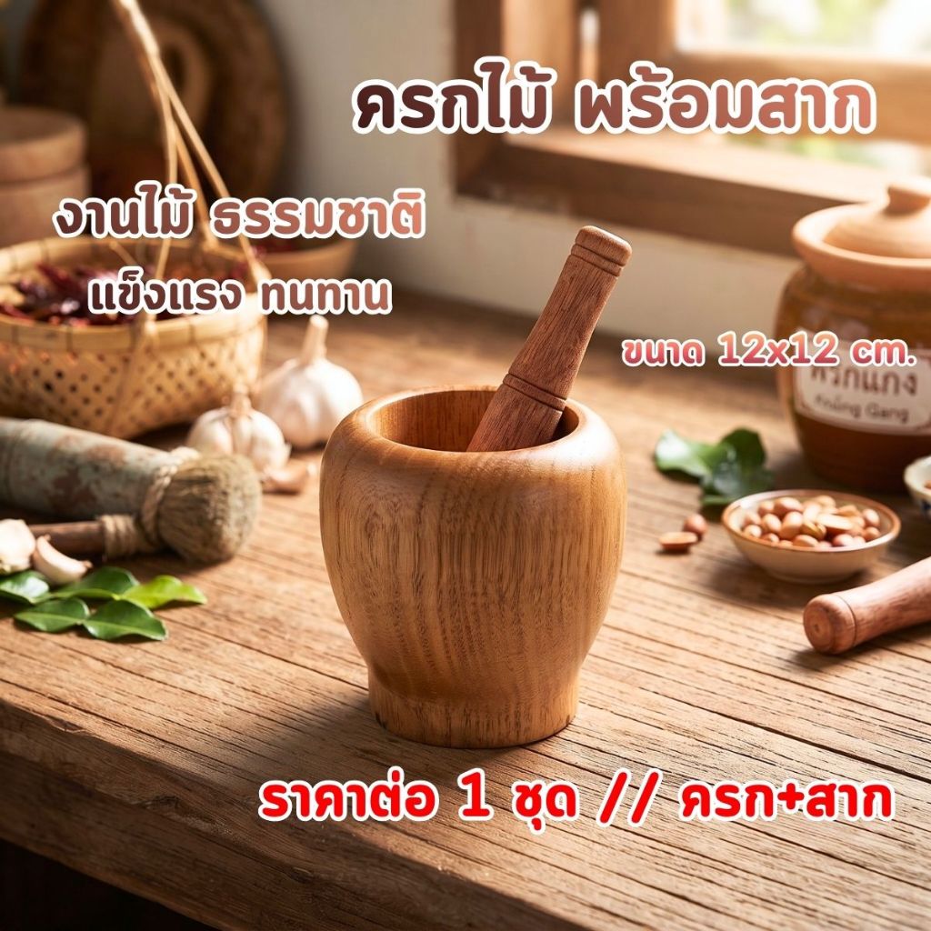 P877 ครกไม้ พร้อมสาก งานไม้ ธรรมชาติ แข็งแรง ทนทาน ครกตำน้ำพริก อุปกรณ์ทำครัว ทำอาหาร สากไม้ ครก SP