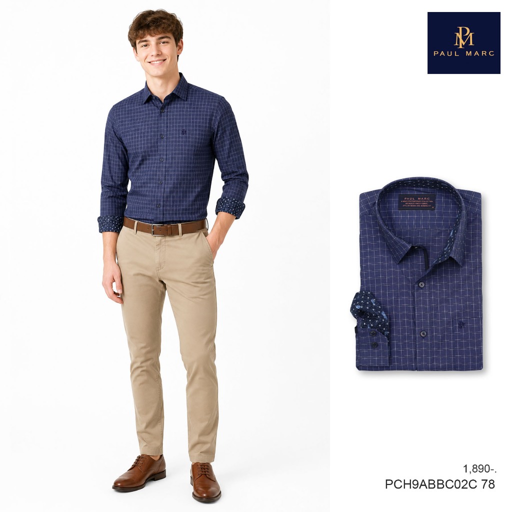 PAUL MARC เสื้อเชิ้ตทำงานแขนยาว ทำงาน สีกรมท่า navy slim fit cotton ผ้านุ่ม รีดง่าย PCH9ABBC02C