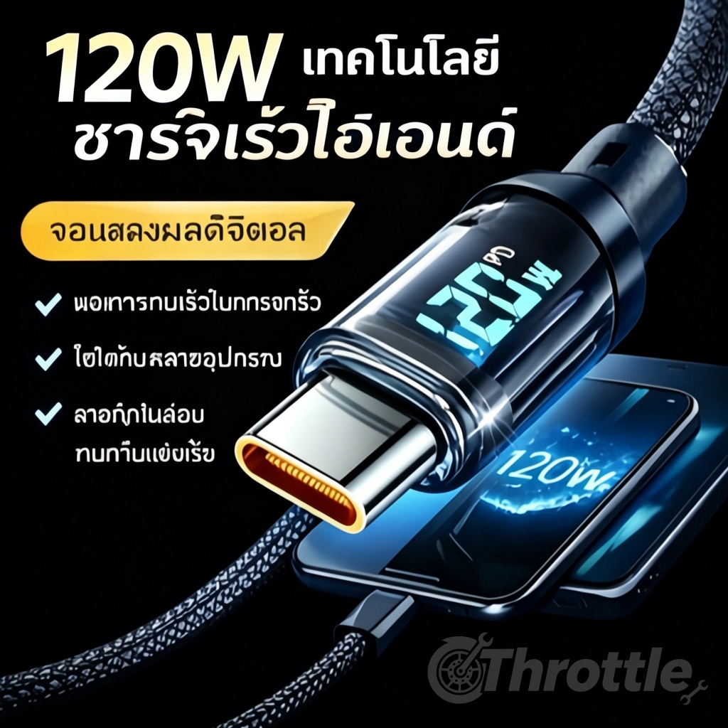 Throttle สายชาจแบตเร็ว 120W/6A สายชาร์จUSB Type C รองรับLED 