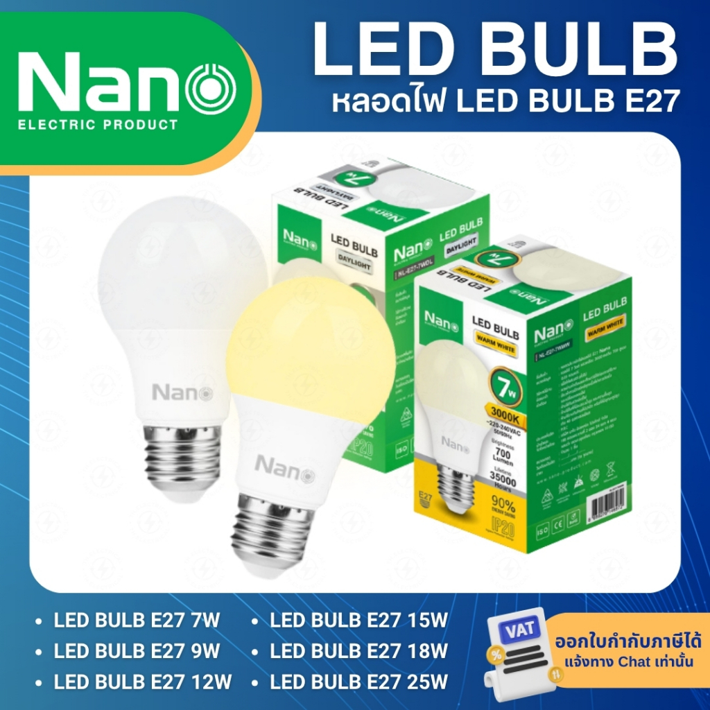 NANO หลอดไฟ LED BULB ขั้ว E27 7W 9W 12W 15W 18W 25W แสงขาว 6500K แสงวอร์ม 3000K หลอดประหยัดไฟ