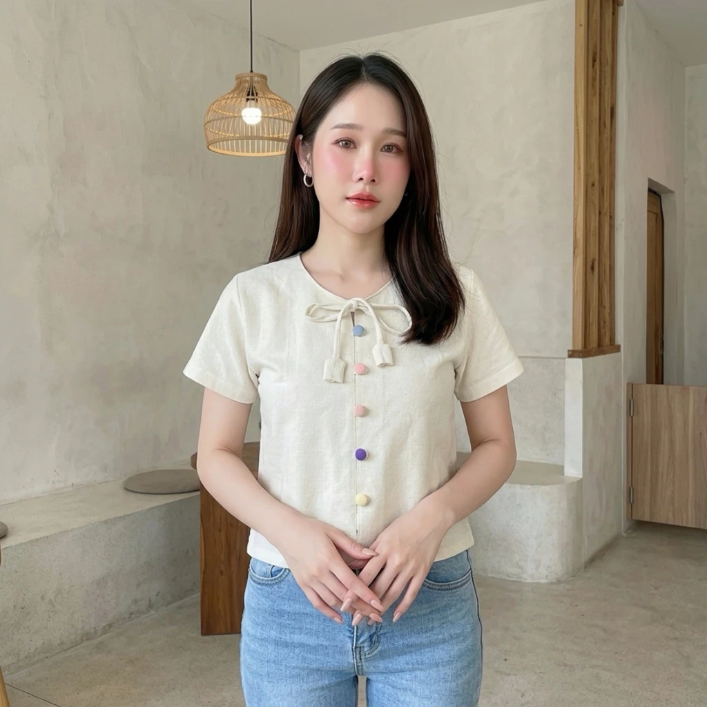 เสื้อผ้าฝ้ายผู้หญิง คอกลม ผูกโบว์ดอกทิวลิป กระดุมสีพาสเทล ผ้าฝ้ายชินมัย ผ้าดีใส่สบาย