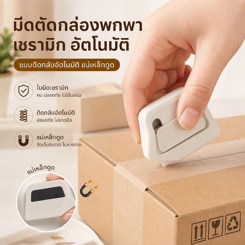 กรุงเทพส่ง มีดตัดกล่องเซรามิกพกพา ใบมีดเซรามิก ดีดกลับอัตโนมัติ แม่เหล็กดูด ปลอดภัย ไม่เป็นสนิม