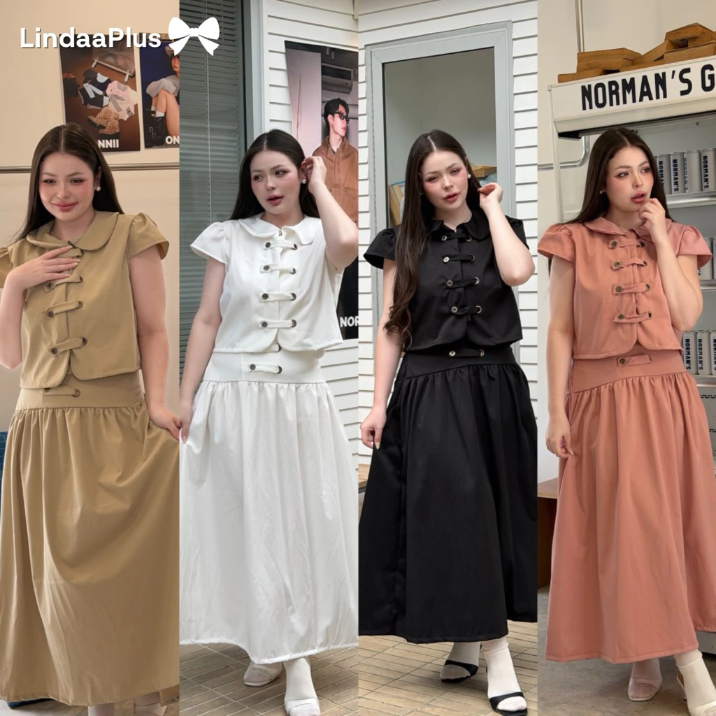 LindaaPlus-- ชุดเซ็ต“𝑴𝒐𝒍𝒍𝒚”เสื้อ+กระโปรงยาว ผ้าคอตตอนป๊อปลิน เนื้อนิ่มใส่สบาย อยู่ทรง งานกระโปรงมีซับใน แต่งกระดุมคาดอก