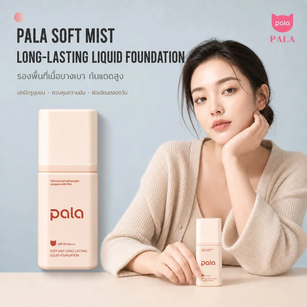 PALA รองพื้นแบรนด์ไทย SPF50+PA+++ กันแดด กันน้ำ เนื้อละเอียด 30g. บางเบา ไม่หนักหน้า ปกปิดรูขุมขน มี อย. แท้