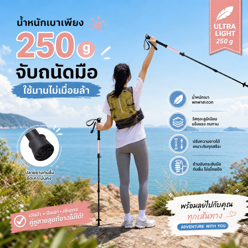 ไม้เท้าเดินป่าแบบยืดได้ อะลูมิเนียม สีชมพู เบาพิเศษ สำหรับผู้หญิงและเด็ก Trekking Pole Hiking Gear พกพาง่าย กันลื่นดีมาก