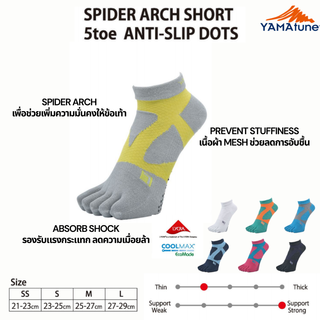 YAMAtune ถุงเท้าแยกนิ้ว SPIDER ARCH SHORT 5TOE NON SLIP DOTS ซิลิโคนกันลื่น ข้อสั้น วิ่งถนน เทรล ของแท้