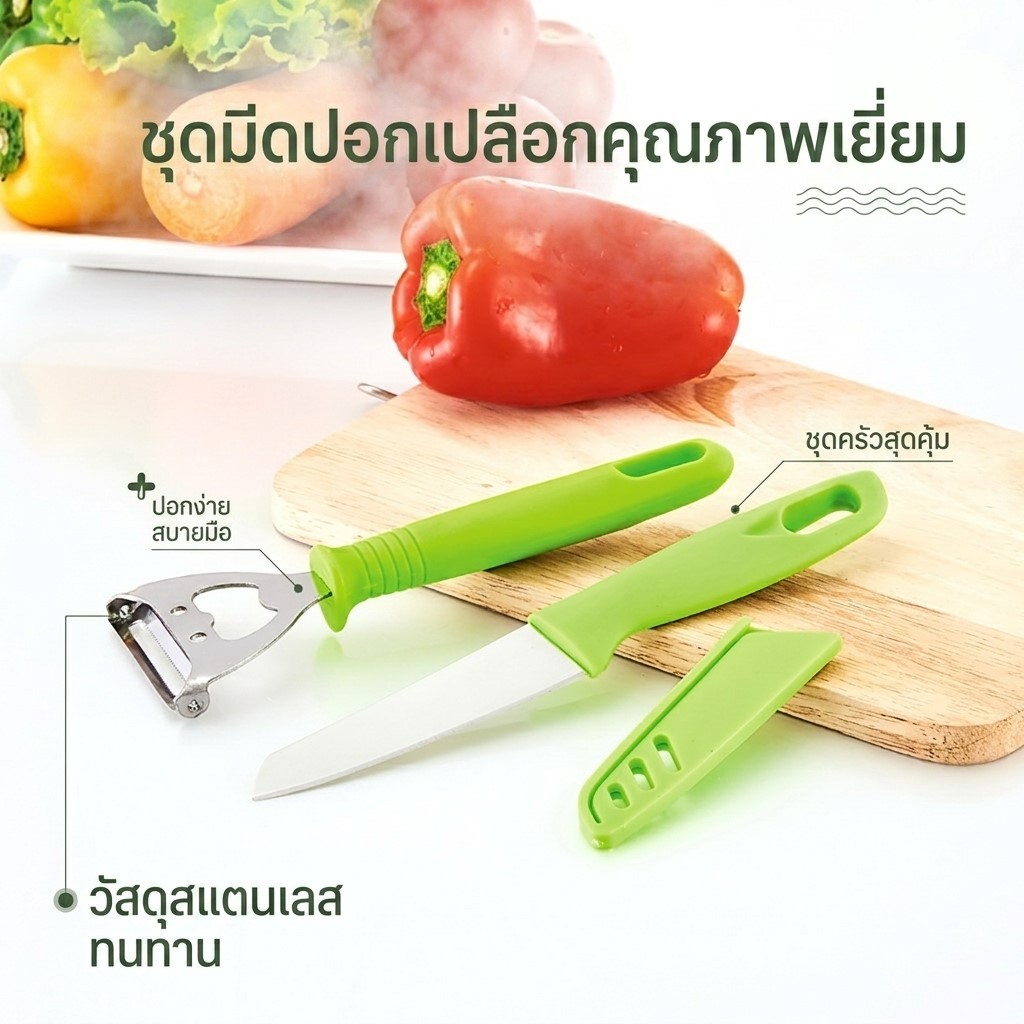 Am Ali Mall มีดทำครัว มีดหั่นปอกผักและผลไม้ เซ็ต 2ชิ้น สีเขียว