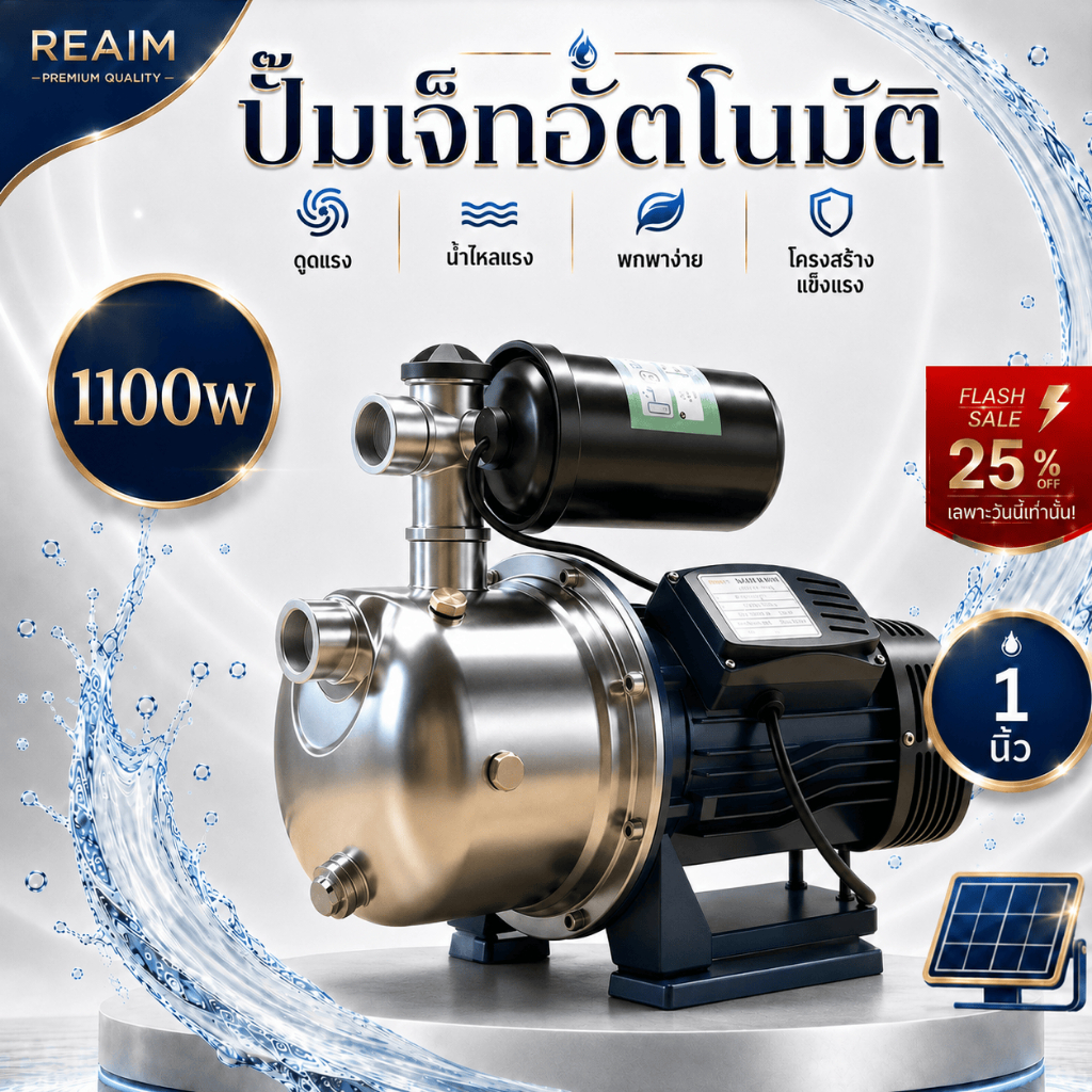 REAIM ปั๊มน้ำอัตโนมัติ 900W/1100W แรงดันคงที่ 1.5HP หัวสแตนเลส ดูดน้ำแรง ประหยัดไฟ ดูดน้ำบาดาล