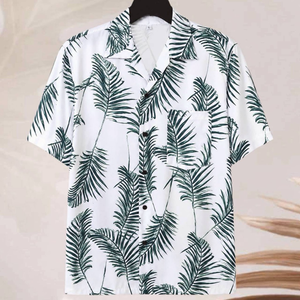 เสื้อเชิ้ตฮาวาย ลายใบไม้เขียว (พื้นสีขาว) ผ้าไหมอิตาลี