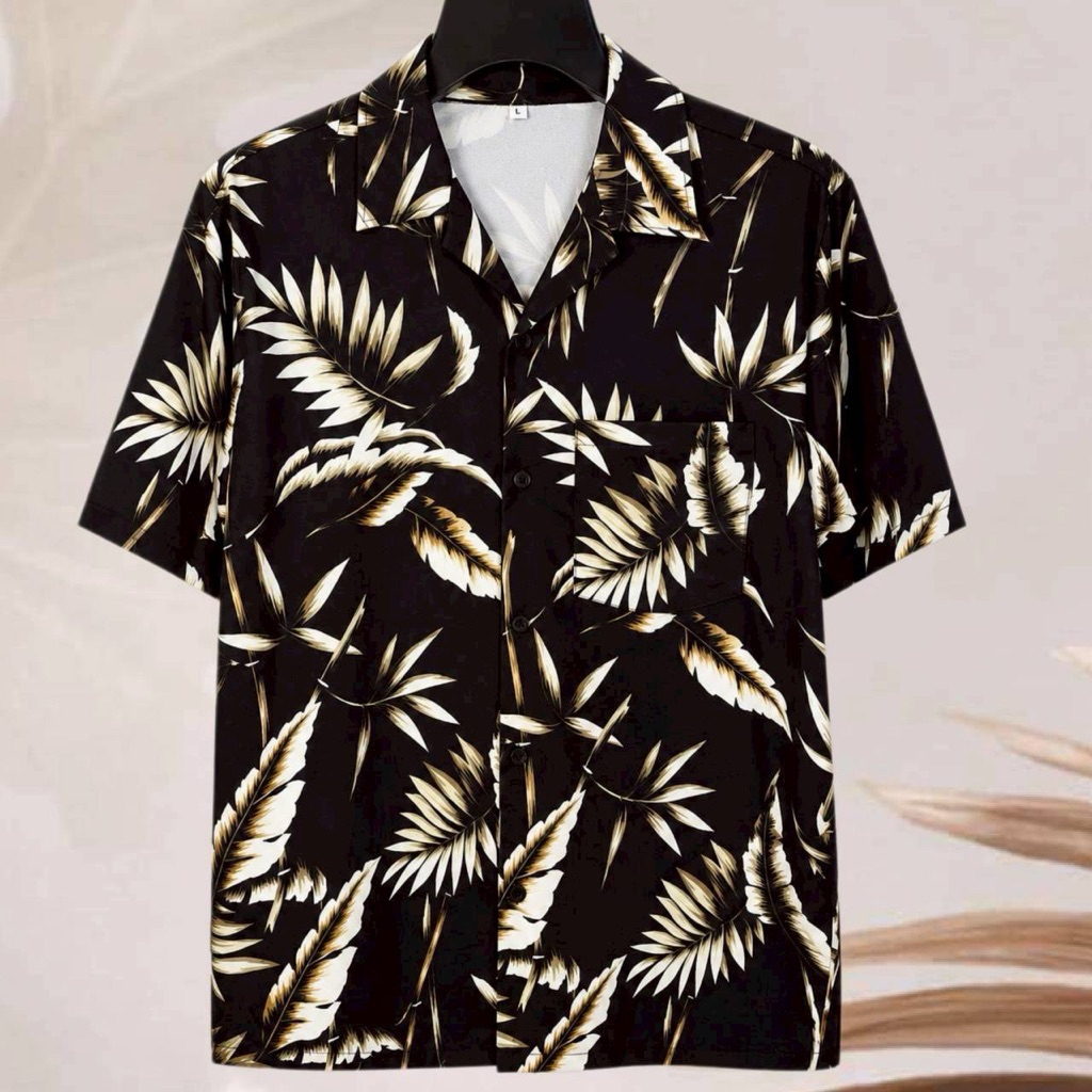 เสื้อเชิ้ตฮาวาย ลายใบไม้เขียวเท่ๆ  (พื้นสีดำ) ผ้าไหมอิตาลี
