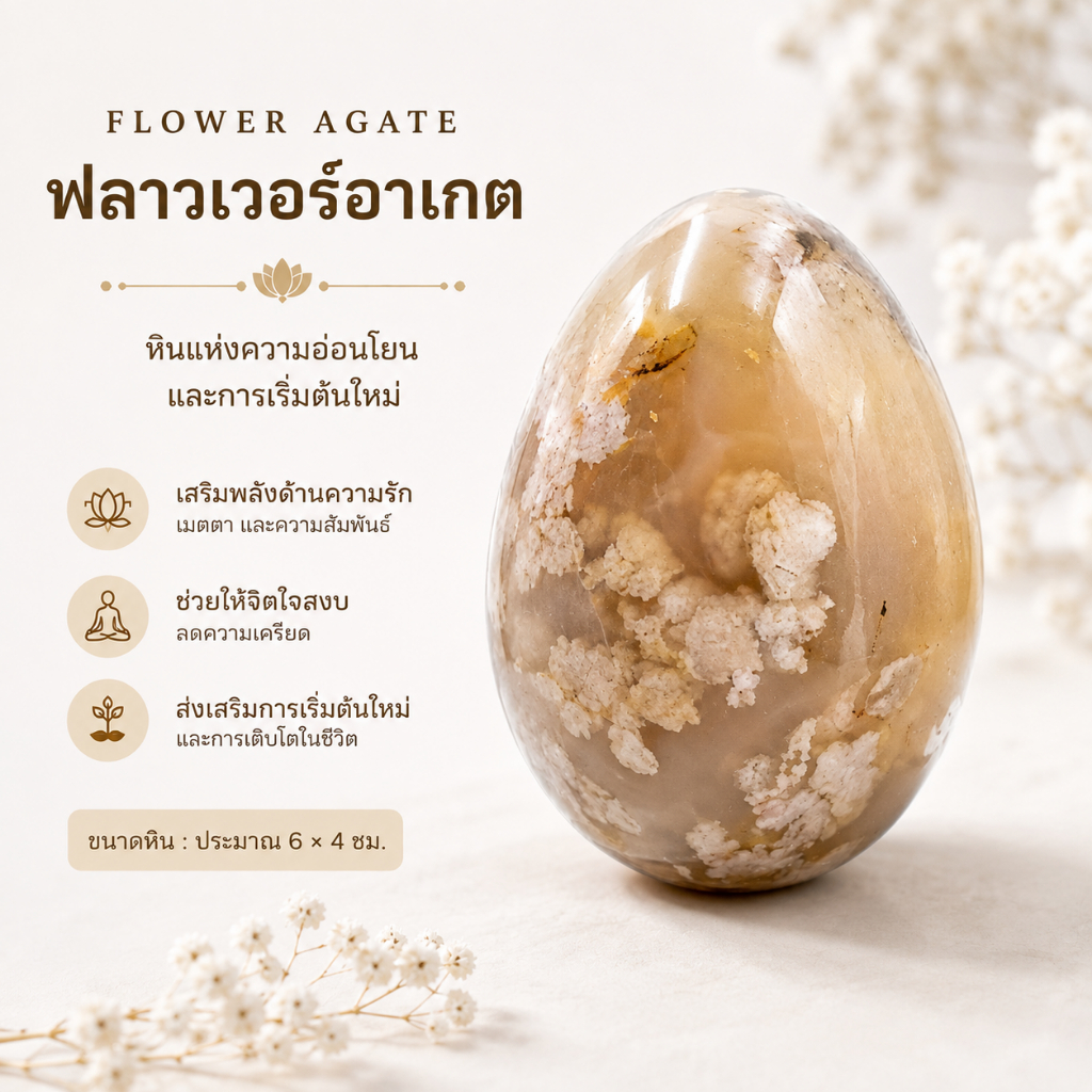 ฟลาวเวอร์อาเกต (Flower Agate) ทรงไข่ ขนาดประมาณ 4*6 cm
