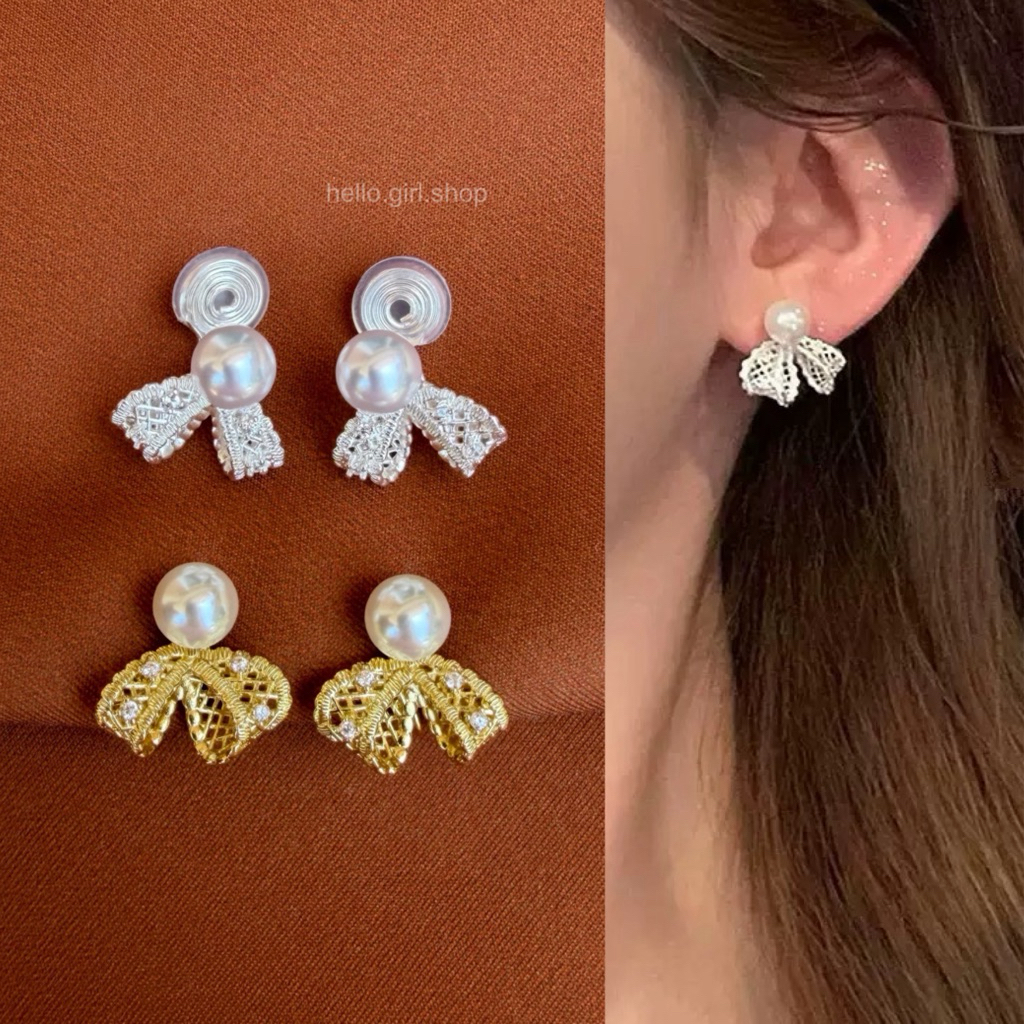( ต่างหูหนีบ ขดลวด ) ต่างหูไข่มุก โบว์ลูกไม้ สีเงินสีทอง