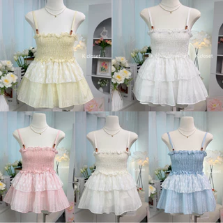 (อก28-44)เสื้อสายเดี่ยวสม็อคอก ดีเทล2ชั้นแต่งลูกไม้ แต่ลูกปัด สาวอวบใส่ได้อกถึง44 นิ้ว
