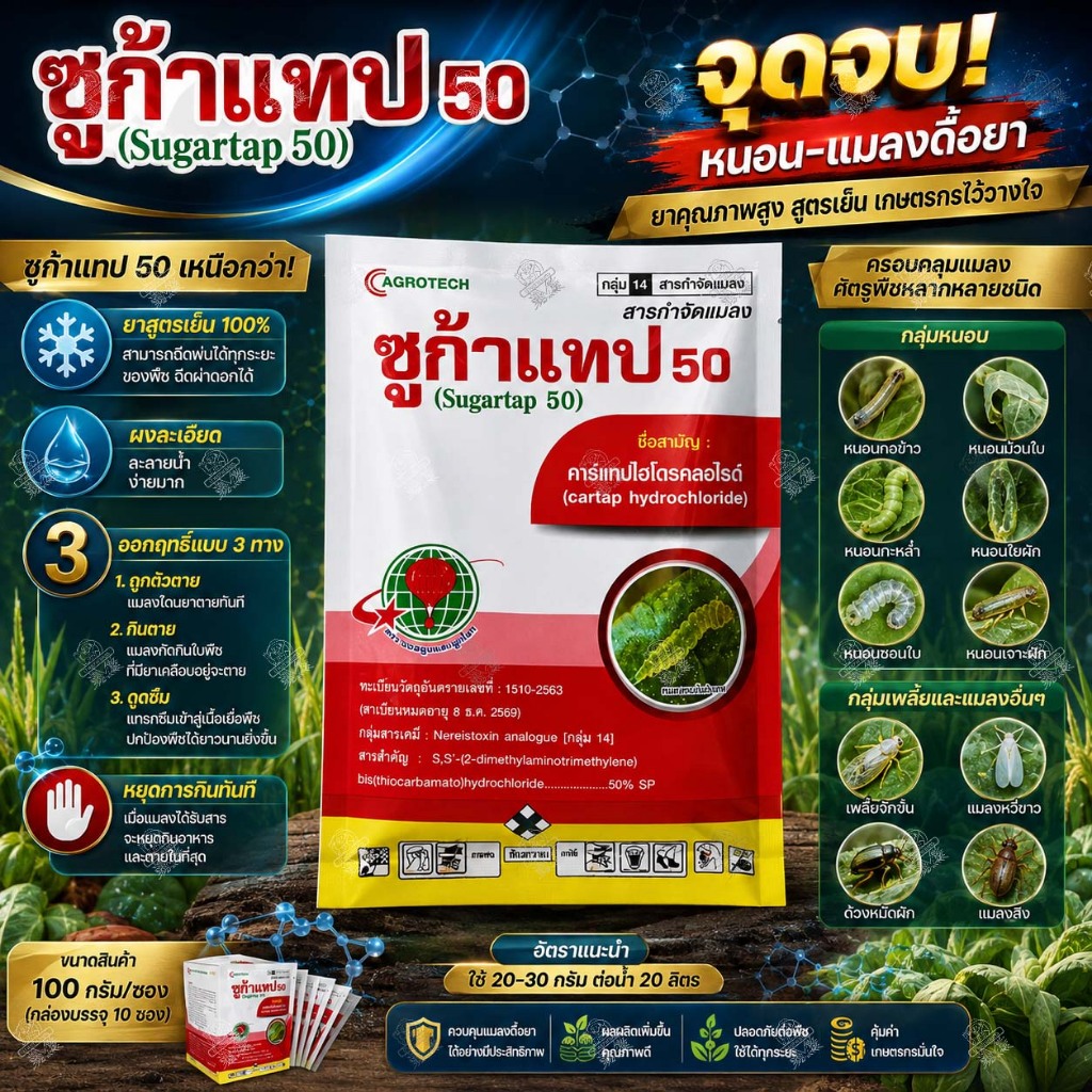 [10ซอง] ซูก้าแทป 50 (100g.) คาร์แทปไฮโดรคลอไรด์ 50% SP กำจัดหนอน เพลี้ย แมลง หนอนกอ หนอนชอนใบ
