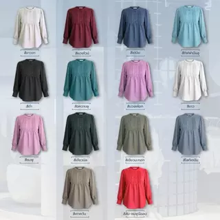 Everything - เสื้อทำงานผู้หญิงคอกลมทรงปล่อย แขนยาว กระดุมหน้า แต่งตีเกล็ดหน้า (6508)