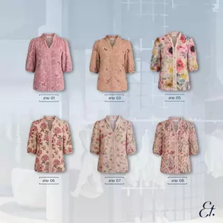 Everything แบรนด์เอฟเวอรี่ติง - เสื้อทำงานผู้หญิงคอวีปก แขน 5 ส่วน ลายสวย แต่งลูกไม้ด้านหน้า (6504)