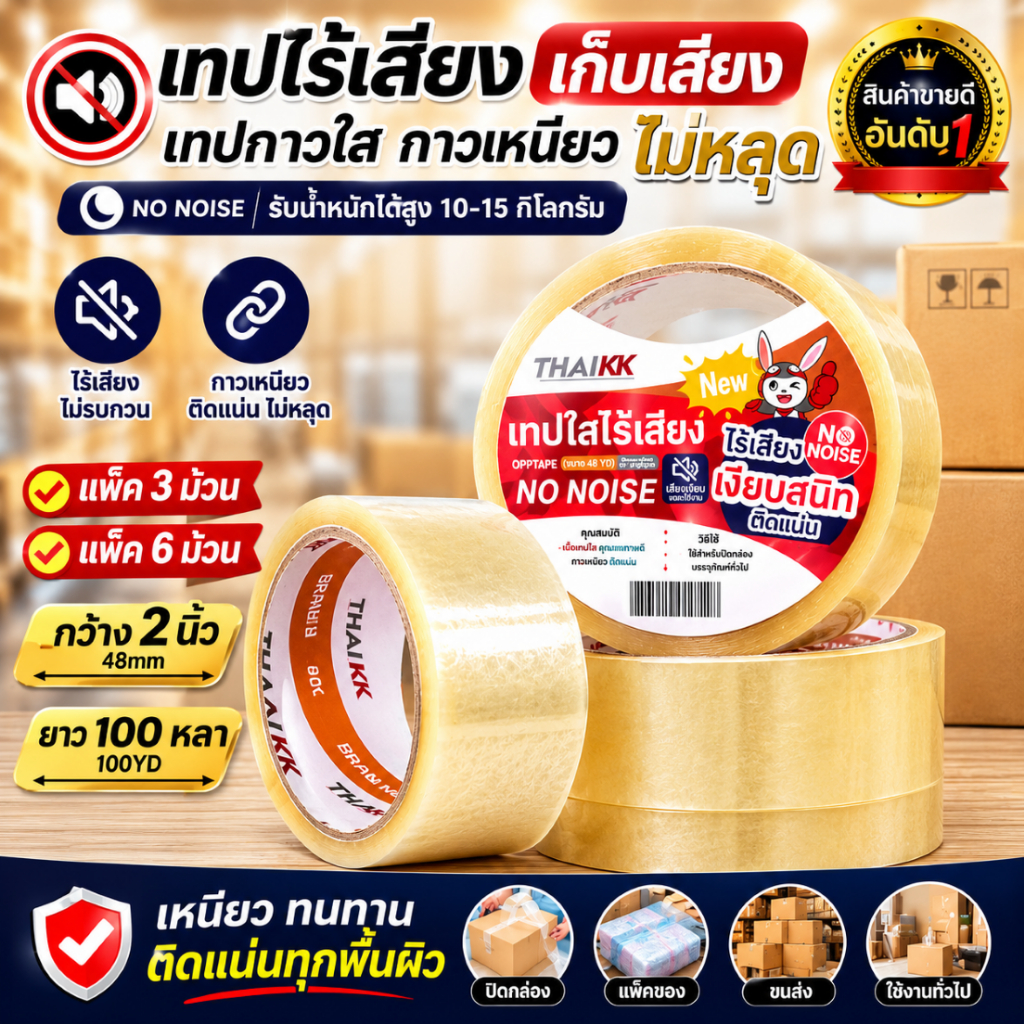 เทปไร้เสียง เก็บเสียง เทปกาวใส แพ็ค 3-6 ม้วน กว้าง 2 นิ้ว 48mm X 100YD ยาว 100 หลา