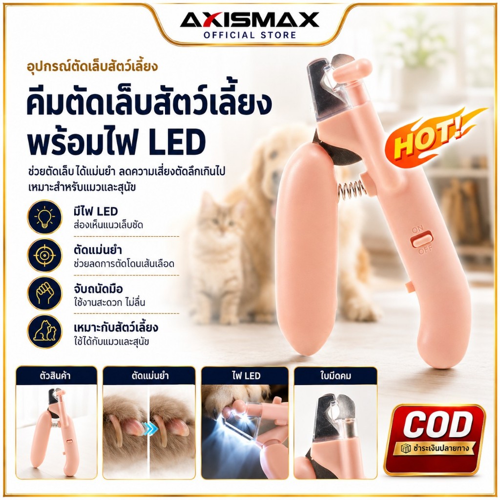 COD AXISMAX กรรไกรตัดเล็บแมว สุนัข มืออาชีพ พร้อมไฟ LED ป้องกันเลือดออก ตะไบเหล็กซ่อน ปลอดภัย ใช้งานง่าย