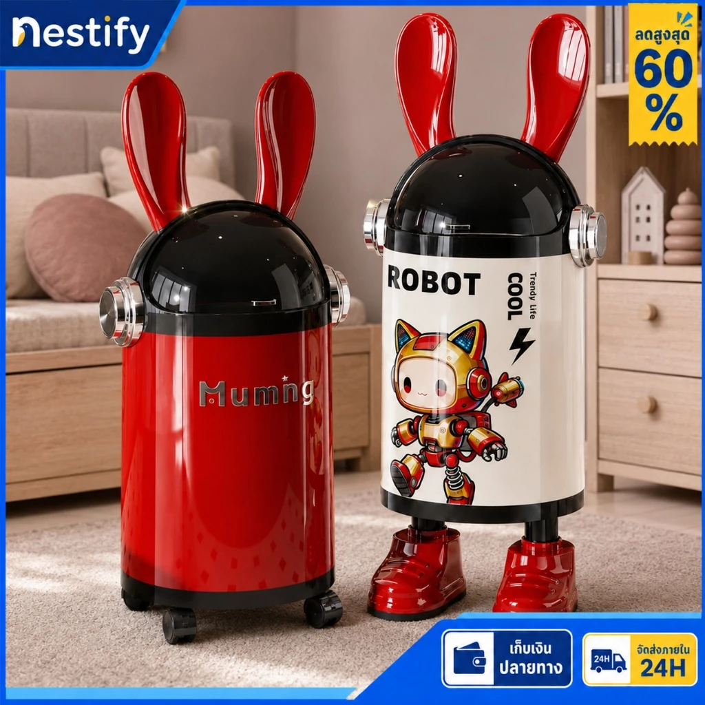 Nestify ถังขยะ กระต่าย แบบเปิดมือ-เปิดเท้า ถังพลาสติกมีฝาปิด แข็งแรงทนทาน ไอเดียสร้างสรรค์