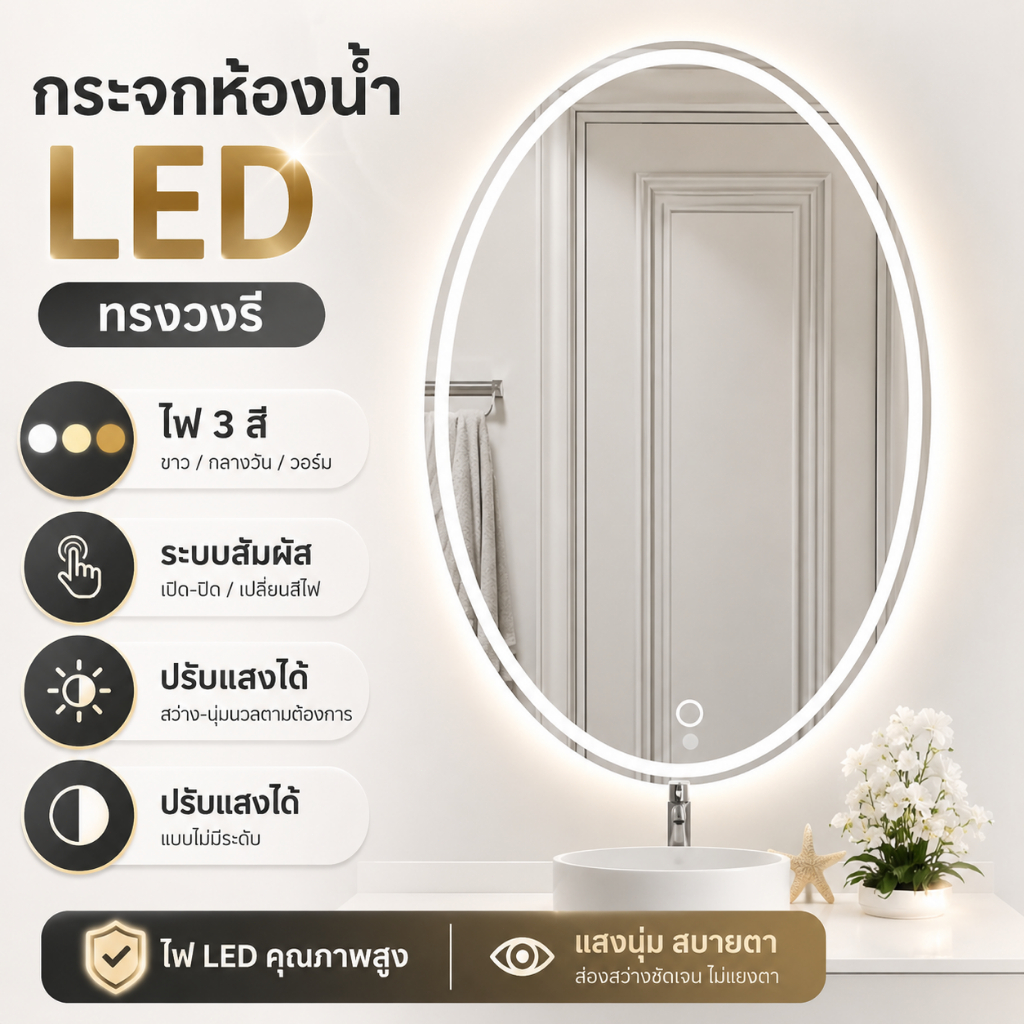 กระจกห้องน้ำ LED ทรงวงรีอัจฉริยะ ไฟ 3 สี ระบบสัมผัส ปรับความสว่างได้ กันฝ้า แสดงเวลาและอุณหภูมิ