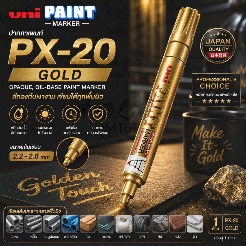 UNI PX-20 ปากกาเพนท์ ปากกามาร์คเกอร์สีน้ำมัน หัว 2.2–2.8 มม. กันน้ำ เขียนได้หลายพื้นผิว 1 ด้าม (สีทอง)