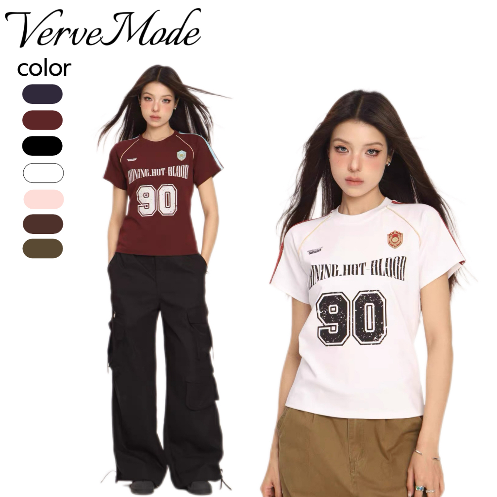 VerveMode.🍓อเมริกันย้อนยุคกีฬาสไตล์ตัวอักษรแขนสั้นฤดูร้อนสบายๆเสื้อยืดคอกลมแขนสั้นทรงหลวมสําหรับผู้หญิง
