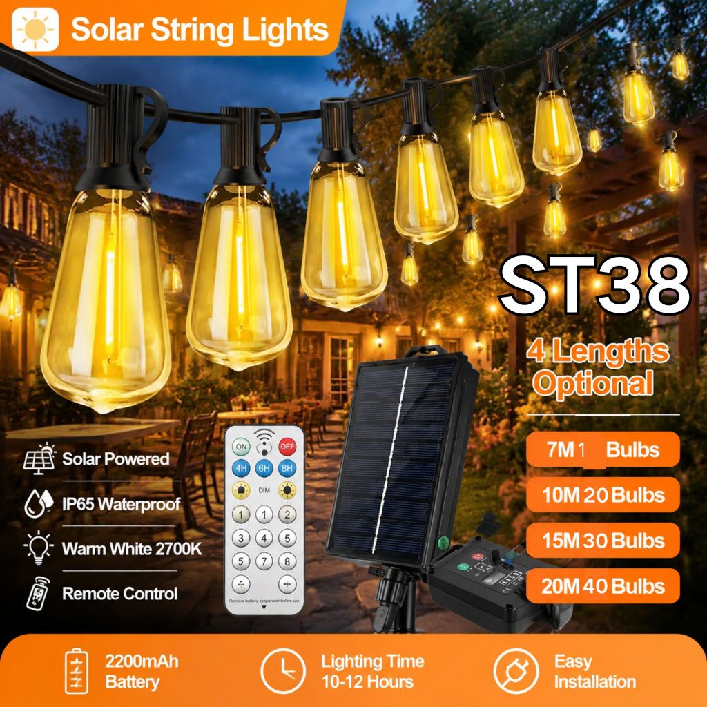 Qimedo ไฟโซลาร์เซลล์ ST38 LED กันน้ำ ชาร์จแสงอาทิตย์+USB รีโมท ตกแต่งสวน ไม่เสียบปลั๊ก เปิดอัตโนมัติ