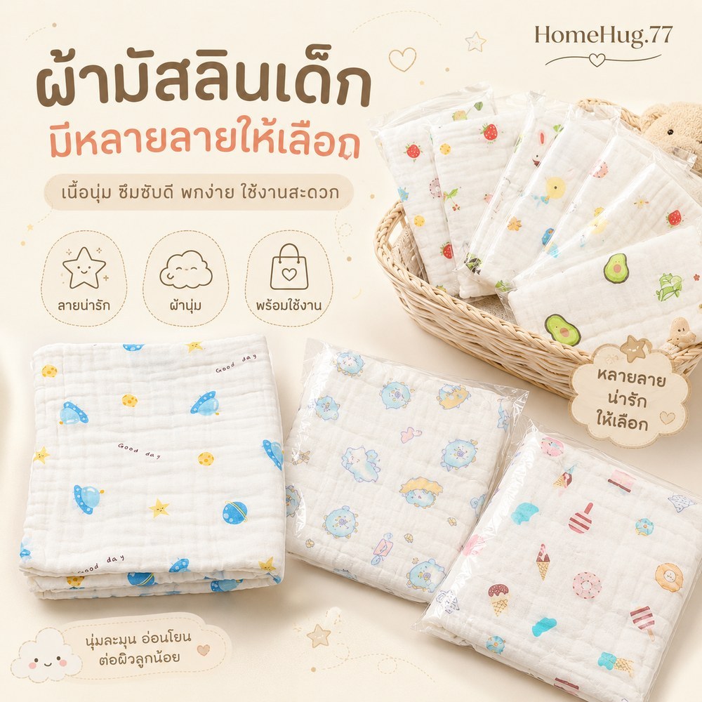ผ้าเช็ดตัวมัสลิน ลายการ์ตูนสำหรับเด็ก ขนาด 50 x 24 นิ้ว ผ้าห่ม ผ้าห่อตัว สำหรับเด็กแรกเกิด คละลายและสี