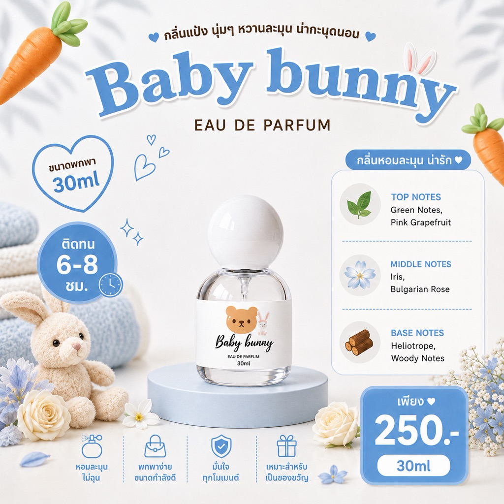 ( แพ็คเกจใหม่ ! ) 🎀— SUGAR BEAR :: น้ำหอมกลิ่น Baby bunny หอมกลิ่นแป้งนุ่มๆ แสนอ่อนโยน กลิ่นลูกคุณหน