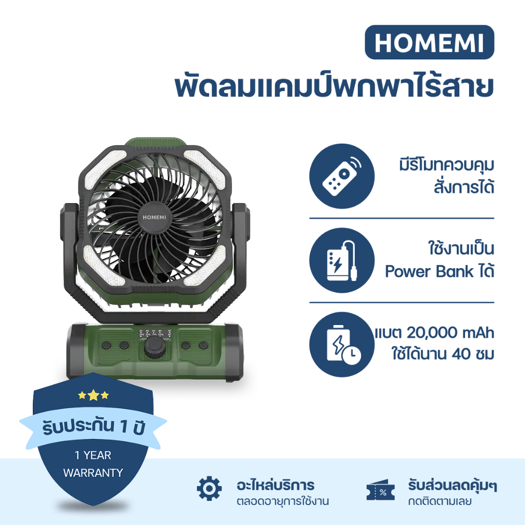 Homemi พัดลมไร้สาย Cordless Camping Fan แบตเตอรี่ 20,000 mAh