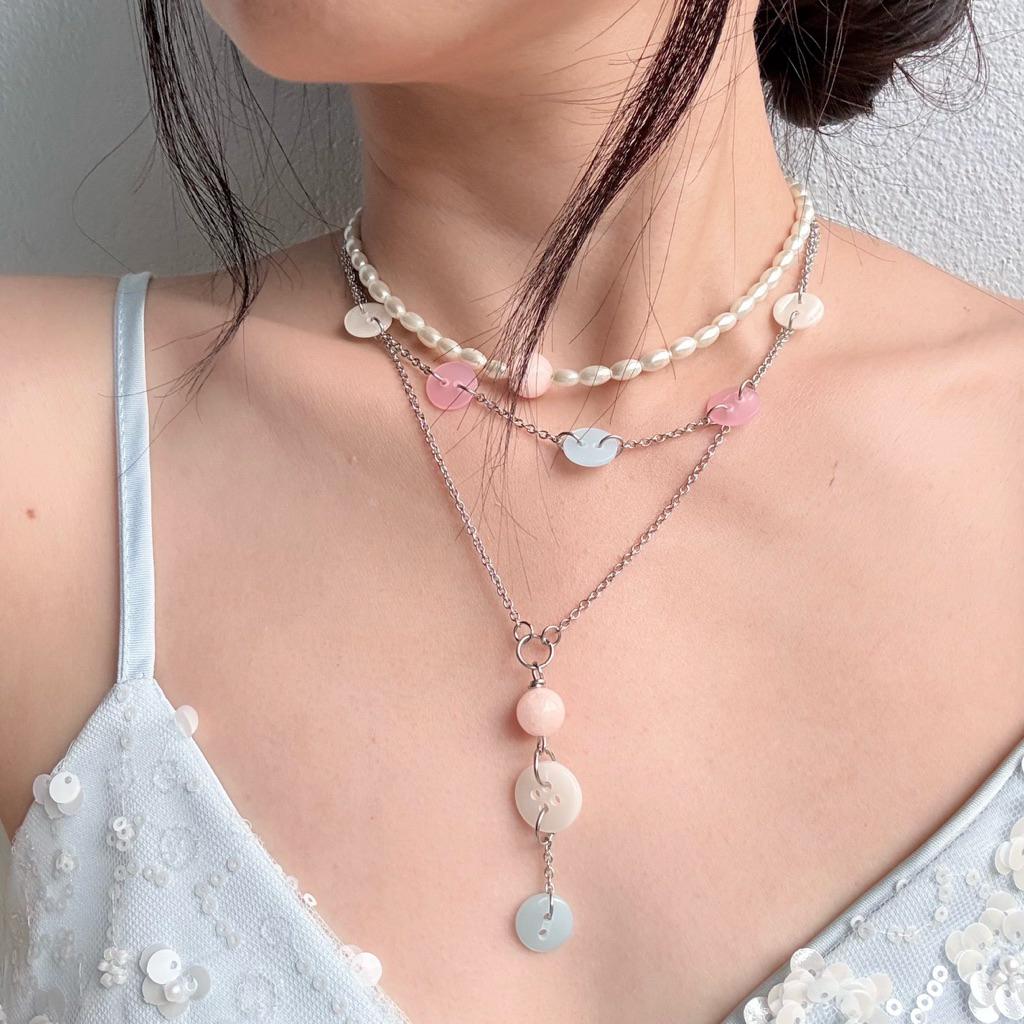 สร้อยคอแฮนด์เมดหินสีชมพูหวานละมุน ส่งในไทย