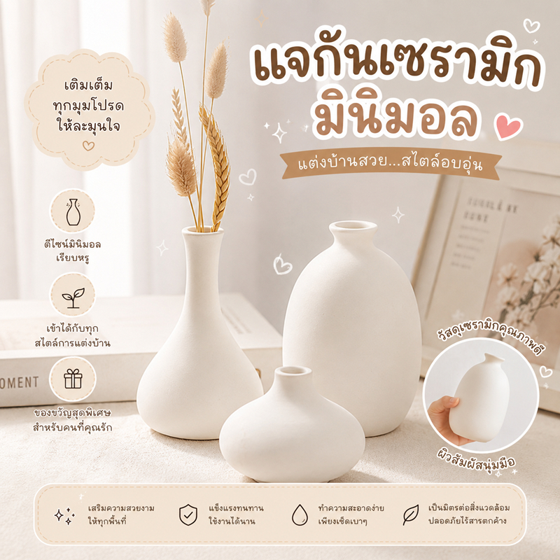 แจกันดอกไม้เซรามิก แจกันดอกไม้ ตกแต่งบ้าน แจกันมินิมอล สูง12cm สีขาว สำหรับตกแต่งบ้าน มีความมินิมอล