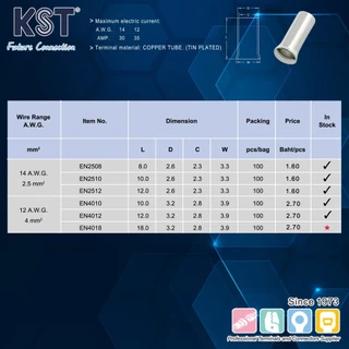 KST ข้อต่อย้ำสายแบบเปลือย 0.75mm²-6mm² รุ่น EN7506-EN6012 ถุงละ50ชิ้น