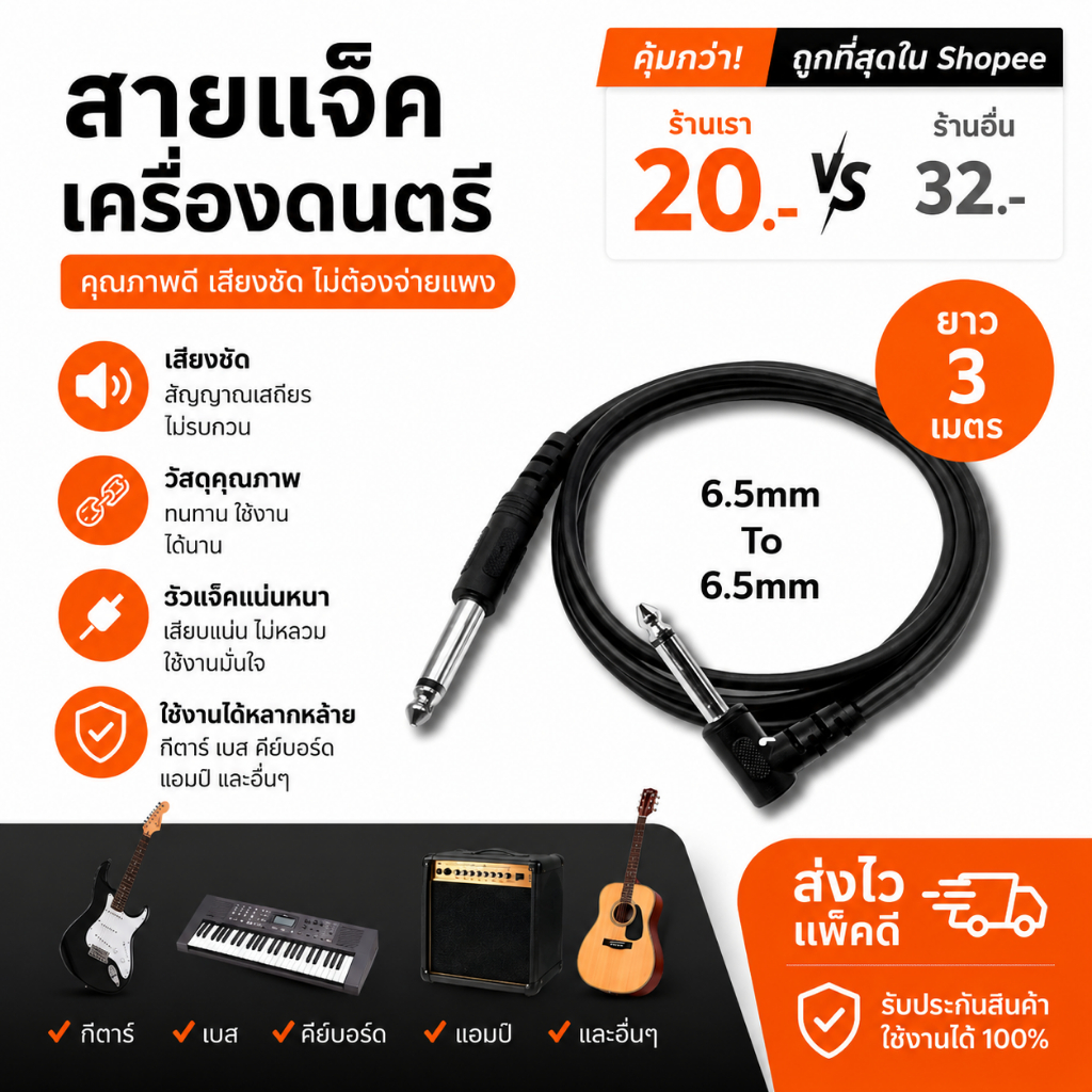 สายแจ็คสัญญาณเสียง 6.5 มม. Mono Jack Cable คุณภาพดี ความยาวสาย 3Mdf สำหรับต่อกีตาร์ เบส